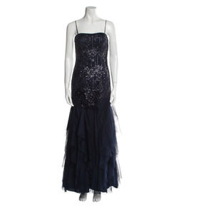Aidan Mattox Evening Gown Maxi Dress Embellished Lace Prom Bridal Blue Navy 4